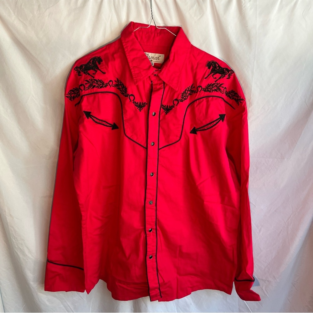 Osmar Embroidered Western Pearl Snap Button Red Long Sleeve Shirt Sz 42 (Large)